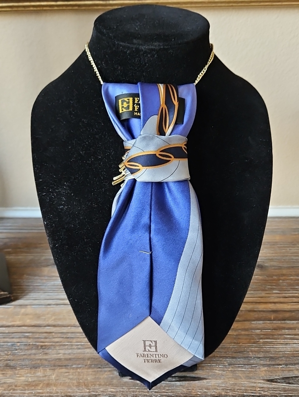 Farentino Ferre Upcycled Silk Necktie Necklace with Gold Ornate Accents - Picture 5 of 5